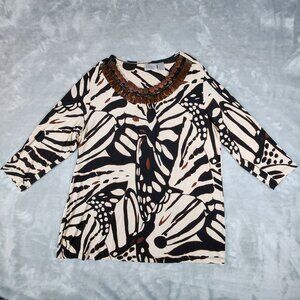 Chicos Travelers Liquid Knit Tunic Top 3 XL Brown Beaded Abstract Print Slinky